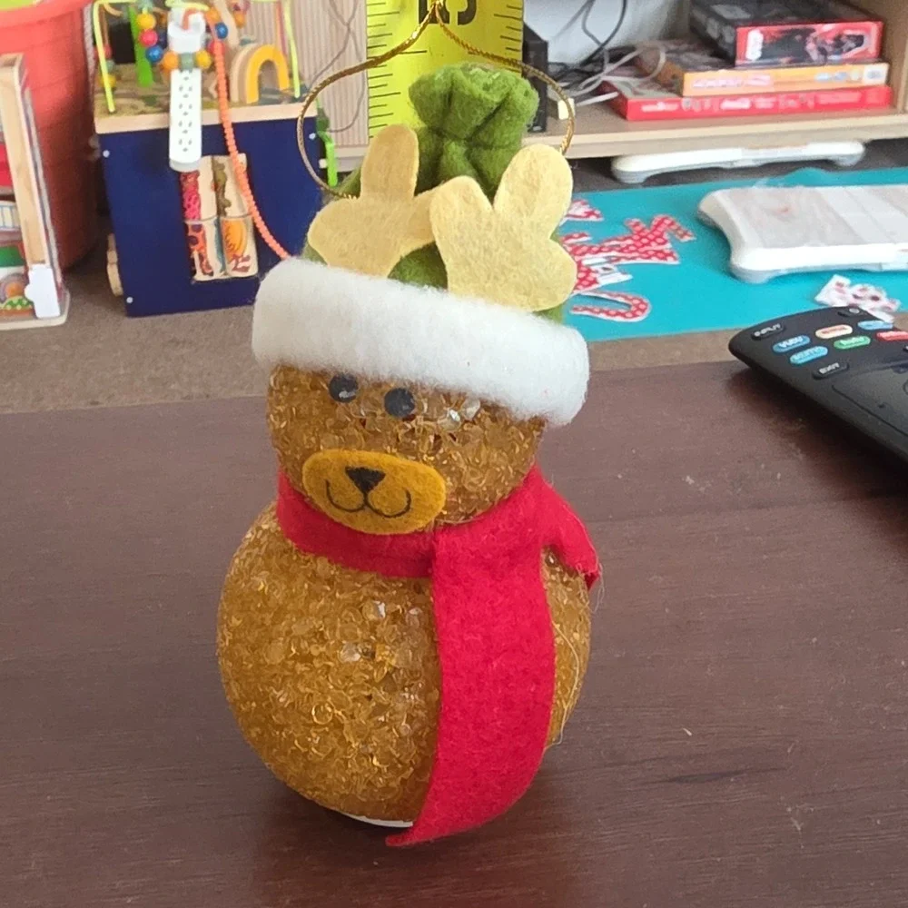 Lighted Bear Christmas Ornament with Red Scarf and Santa Hat, Brown Plastic Felt